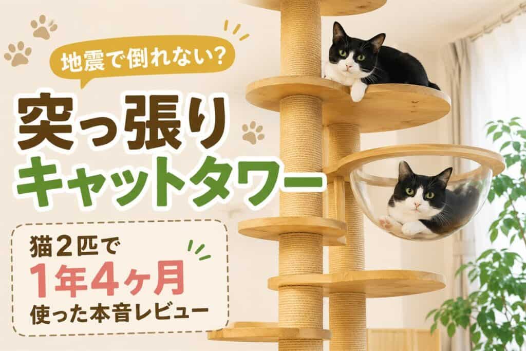 突っ張りキャットタワーでくつろぐハチワレ猫2匹
